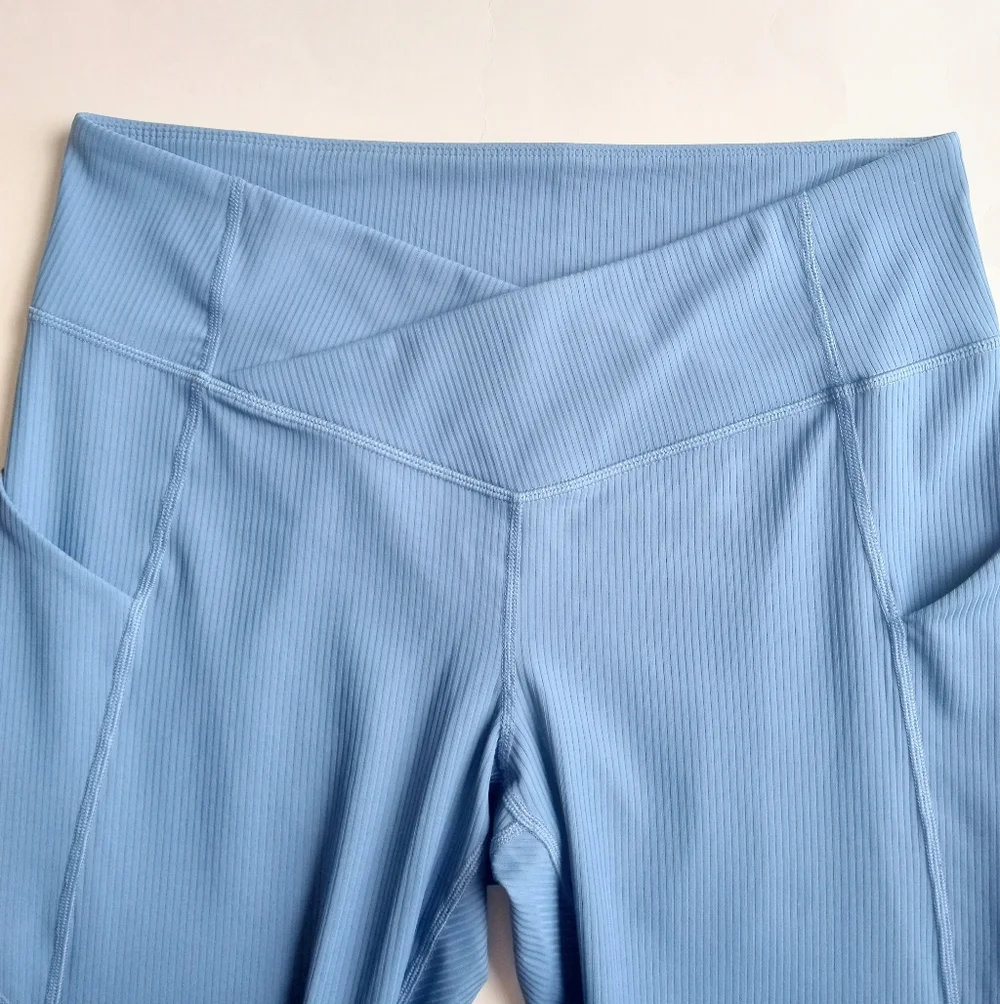 Fabletics Oasis Ribbed Crossover Flare High Waist Ultra Soft Pants Element Blue - Picture 5 of 10